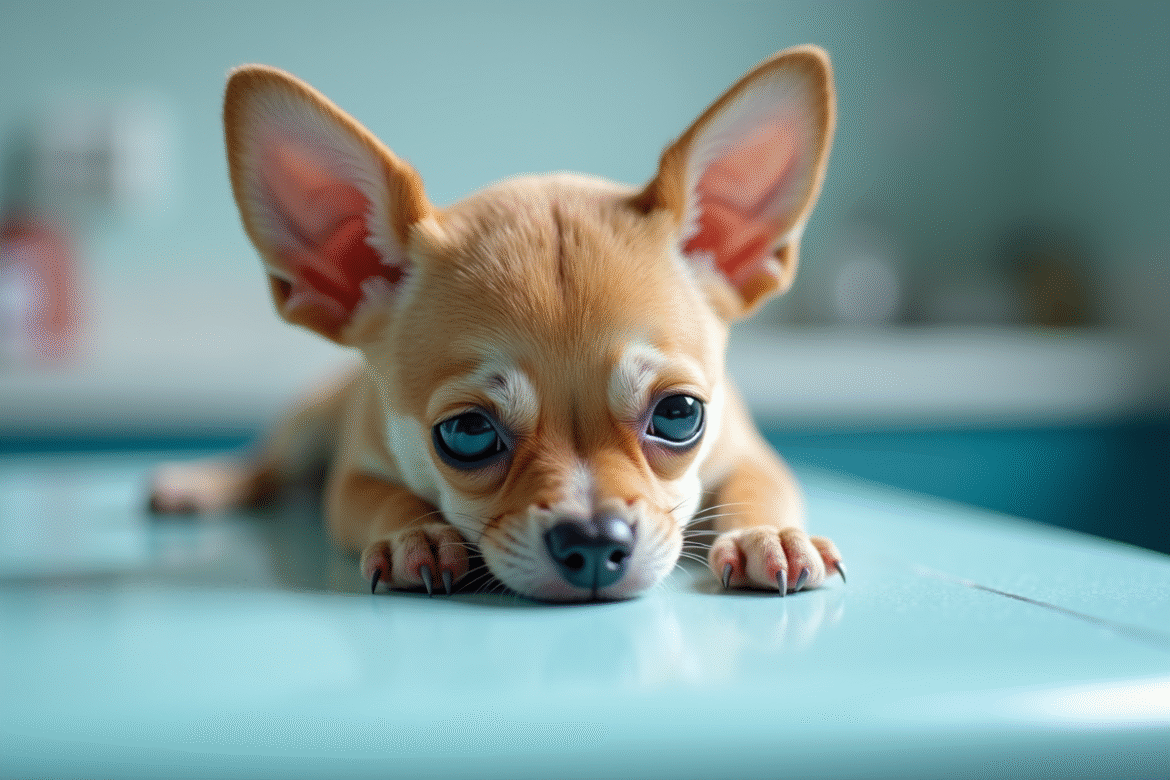 Jeune chiot chihuahua sur une table d'examen vétérinaire
