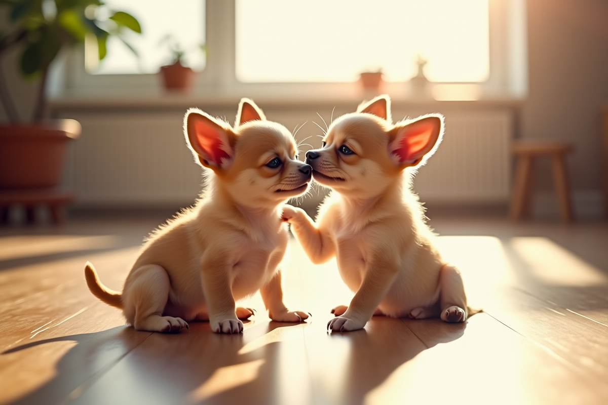 Deux chiots chihuahua jouant sur le sol en salon ensoleille