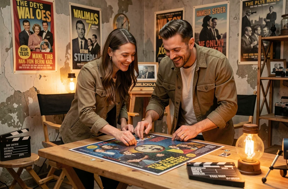 Deux joueurs souriants résolvant des énigmes cinématographiques dans un décor de plateau de tournage vintage chez Clap Escape à Lyon