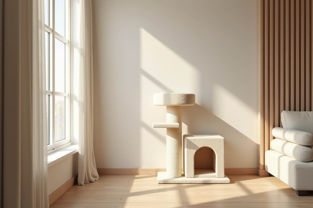 Coin confortable dans un appartement avec arbre à chat beige