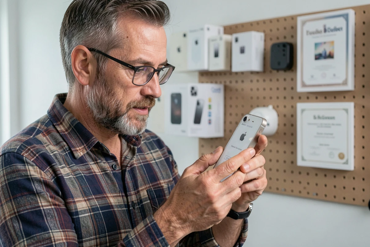 Collectionneur tenant un iPhone première génération entre ses mains dans un atelier dédié aux produits Apple vintage