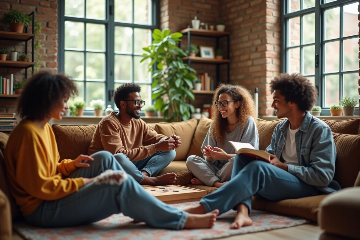 Colocataires jouant à un jeu de société dans un salon convivial