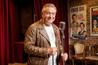 Comédien français d'âge mûr sur scène dans un cabaret parisien vintage des années 80, microphone à la main, style humoristique classique