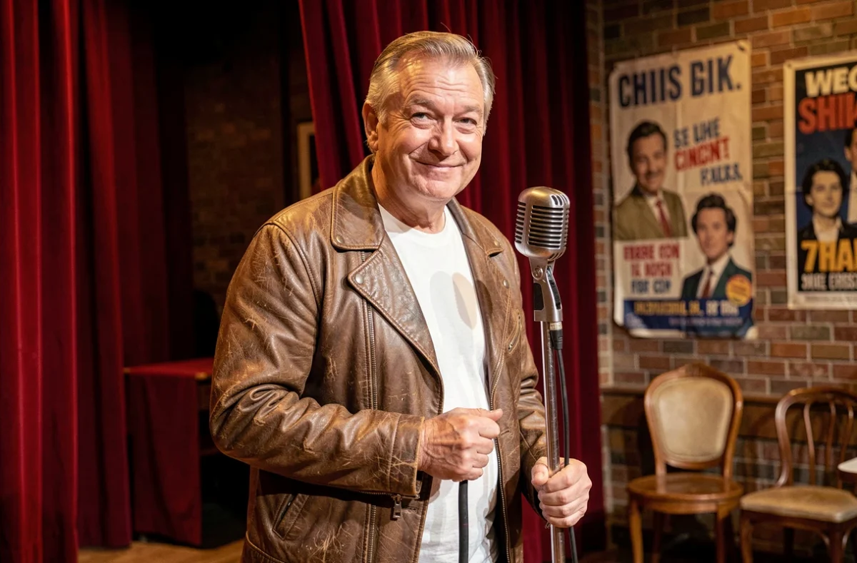 Comédien français d'âge mûr sur scène dans un cabaret parisien vintage des années 80, microphone à la main, style humoristique classique