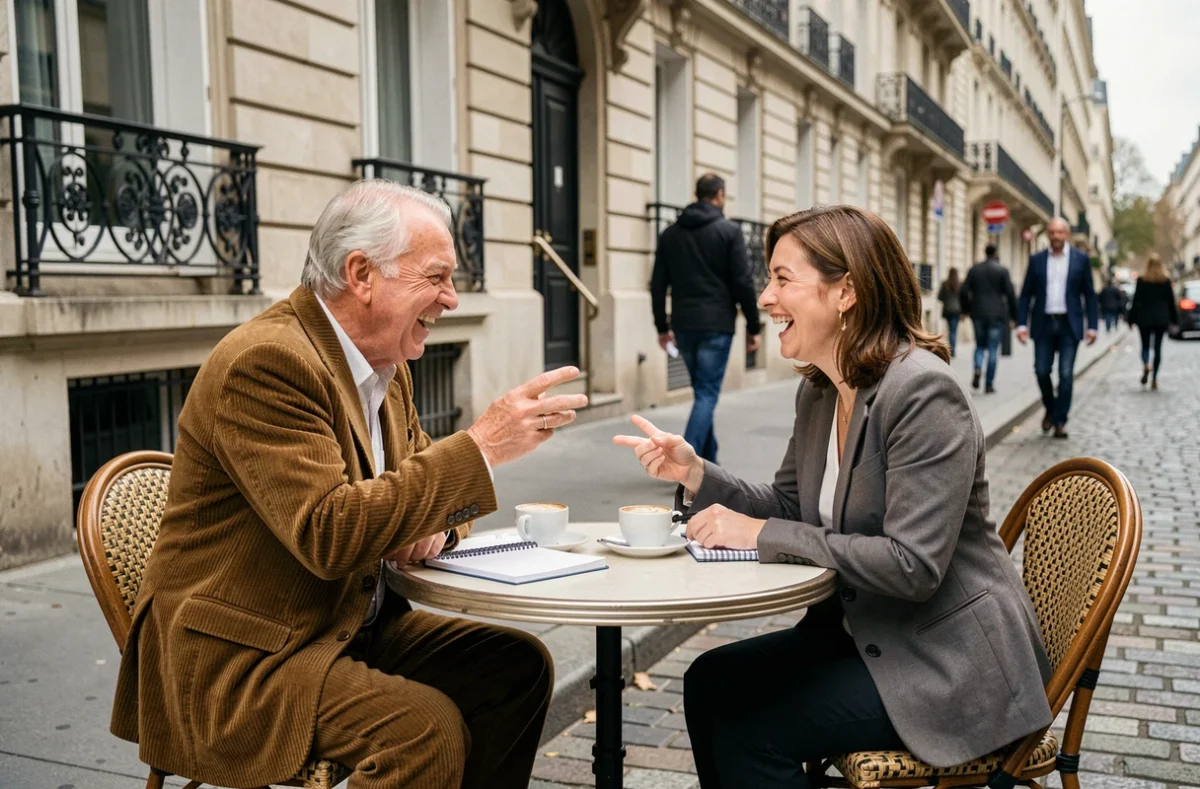 Deux comédiens français de générations différentes, homme et femme, en discussion animée à une terrasse de café parisien, symbolisant l'évolution et la transmission de l'humour en France