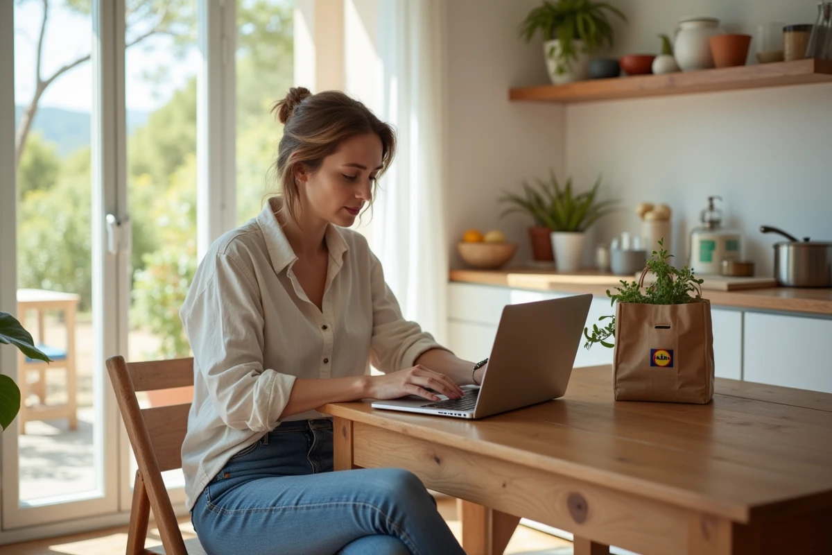 Femme commandant ses courses Lidl en ligne depuis son domicile en Corse sur un ordinateur portable