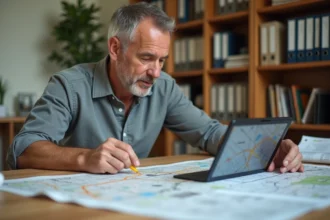 Homme comparant un cadastre papier et une application GPS sur tablette pour identifier l'impasse des Lilas