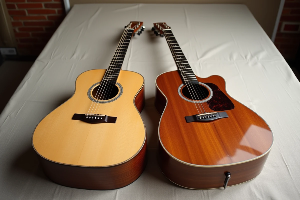 Comparaison côte à côte de deux guitares acoustiques de marques différentes posées sur une table en chêne