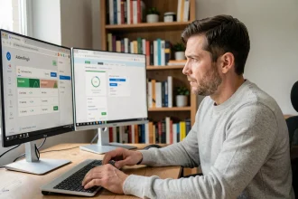 Homme comparant deux outils de calcul d'autonomie batterie en ligne sur un double écran de bureau
