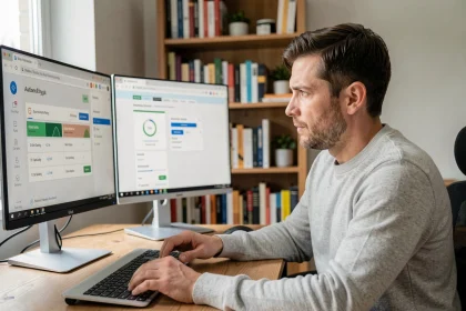 Homme comparant deux outils de calcul d'autonomie batterie en ligne sur un double écran de bureau
