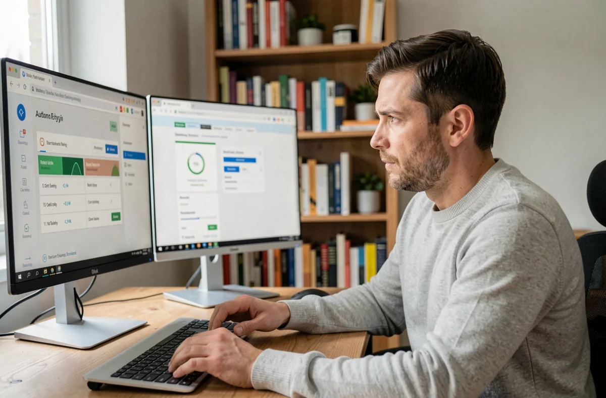 Homme comparant deux outils de calcul d'autonomie batterie en ligne sur un double écran de bureau