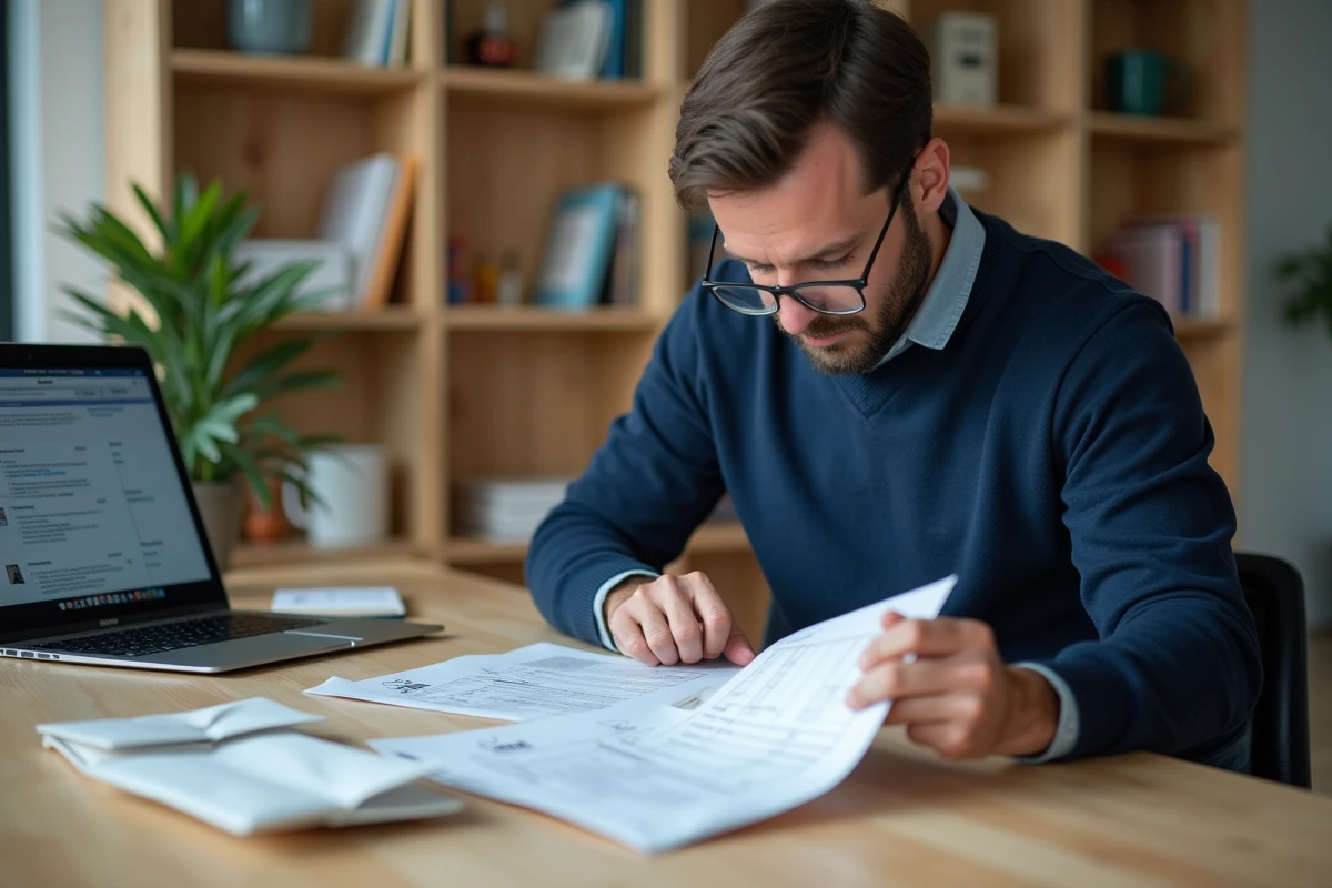 Homme comparant les tarifs d'affranchissement postal sur des documents imprimés à son bureau