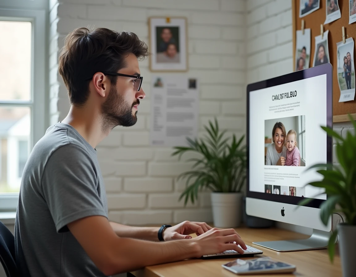 Jeune homme configurant un blog privé pour partager des photos en famille sur son ordinateur de bureau