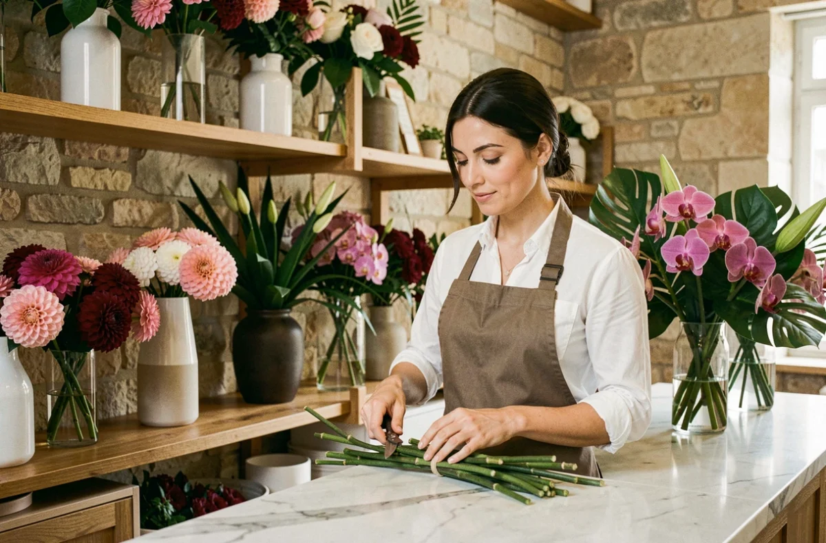 Intérieur de la boutique Corté Fleuriste à Narbonne avec des arrangements floraux élégants sur des étagères en bois