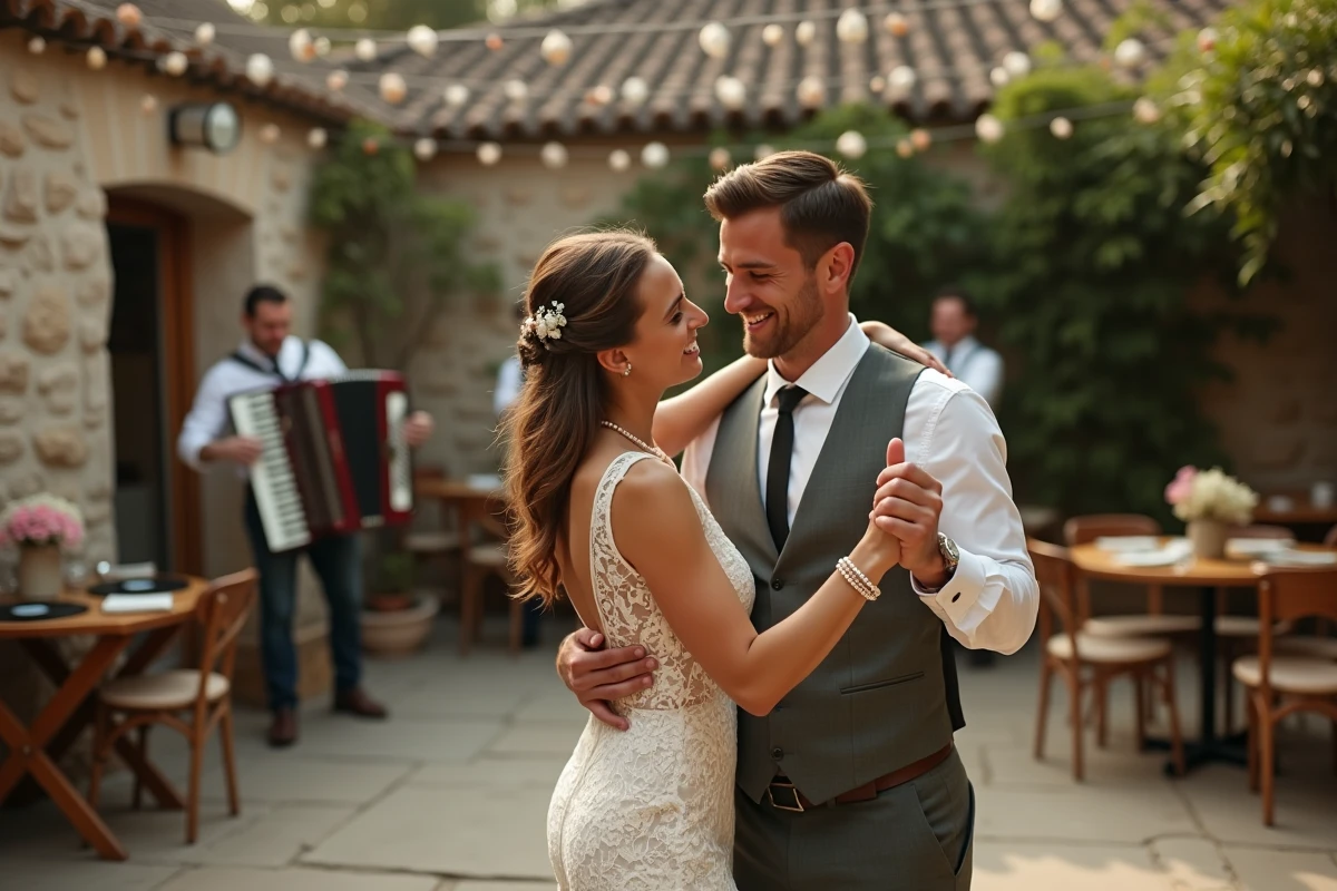 Couple dansant sur une chanson française des années 60 lors d'un mariage vintage en plein air