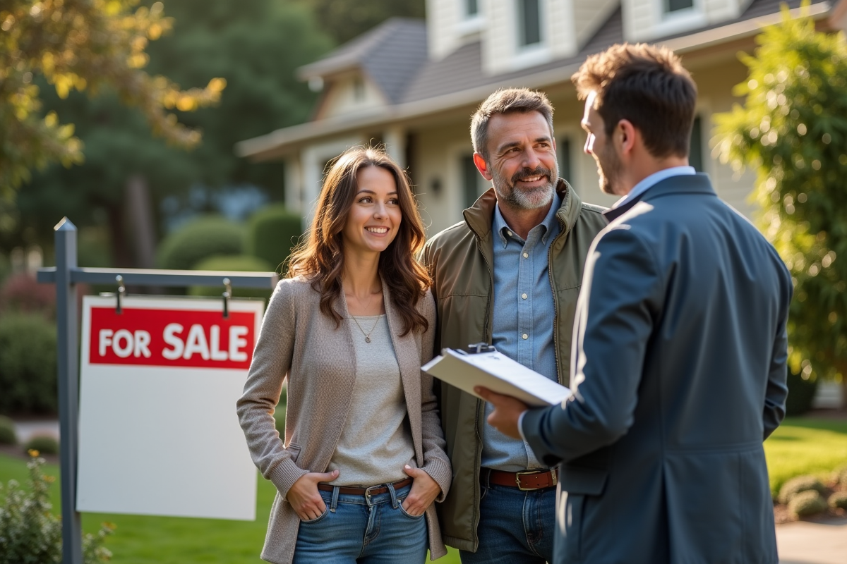 Jeune couple discutant avec un agent immobilier devant une maison