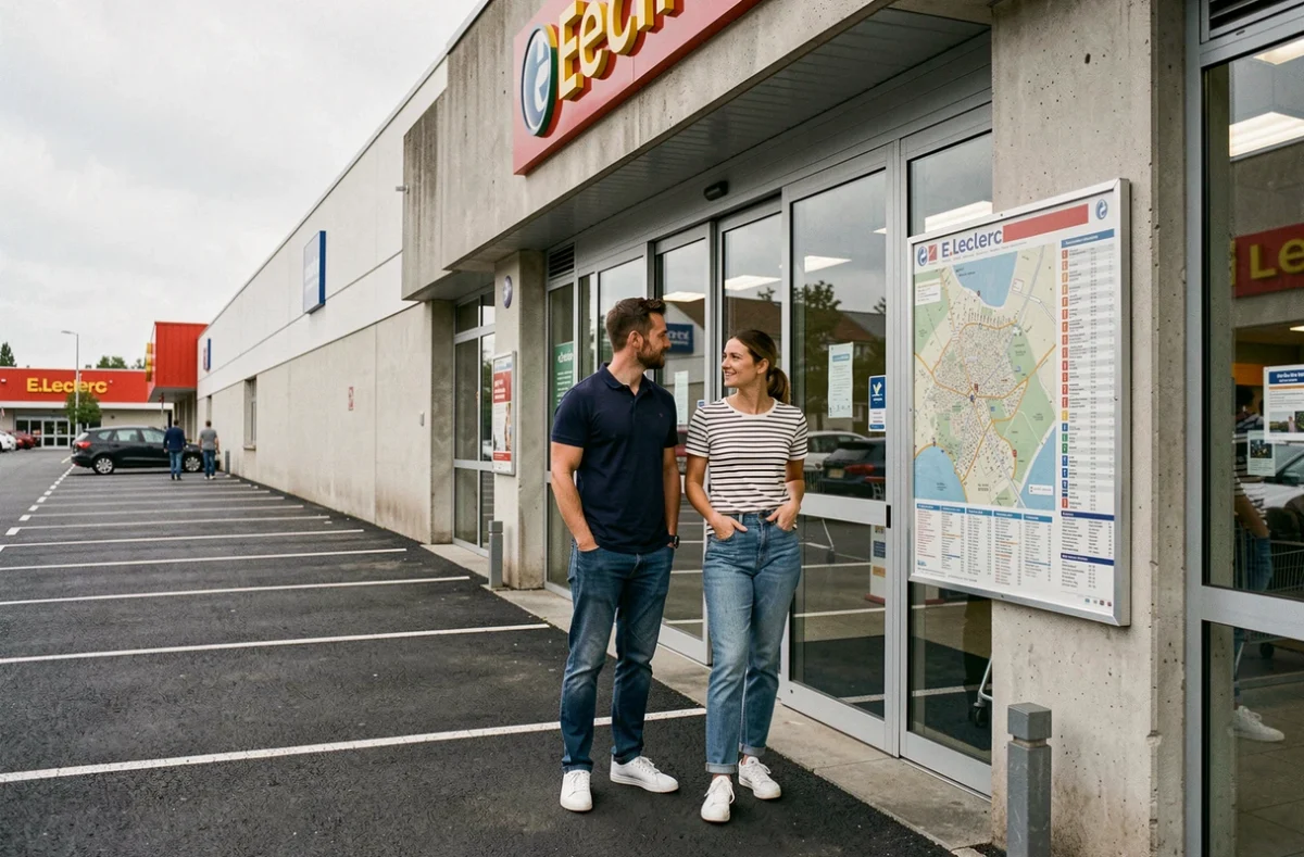 Couple devant l'entrée d'un magasin E.Leclerc consultant le plan d'accès en zone commerciale
