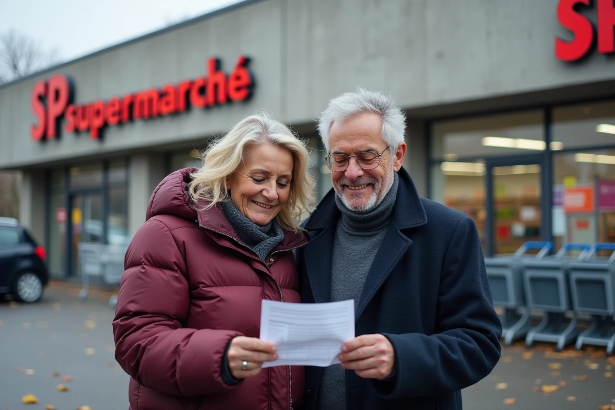 Un couple examine leur confirmation de livraison devant l'entrée d'un supermarché proposant un service point relais