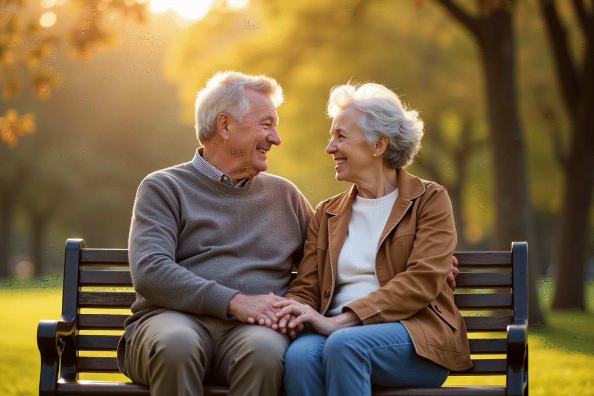 Couple d'âge moyen souriant sur un banc de parc ensoleillé