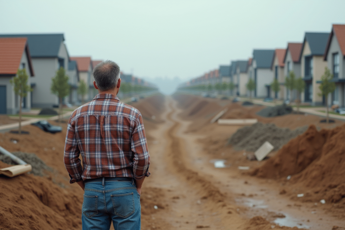 Homme en jeans regardant un lotissement en construction
