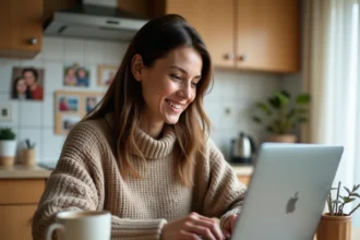 Femme créant un blog privé familial sur son ordinateur portable dans une cuisine chaleureuse