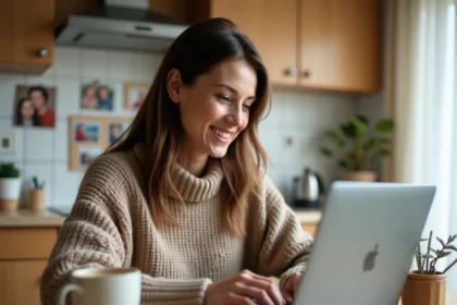 Femme créant un blog privé familial sur son ordinateur portable dans une cuisine chaleureuse