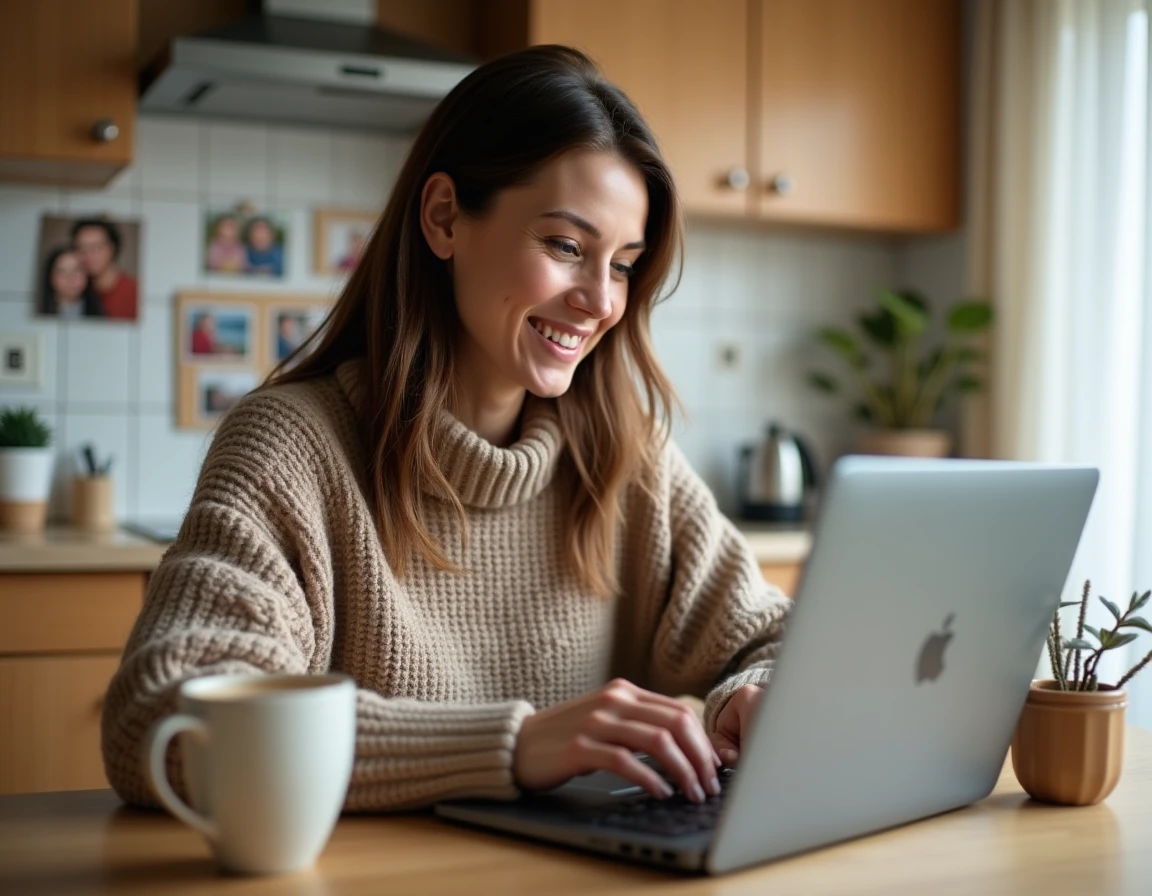 Femme créant un blog privé familial sur son ordinateur portable dans une cuisine chaleureuse