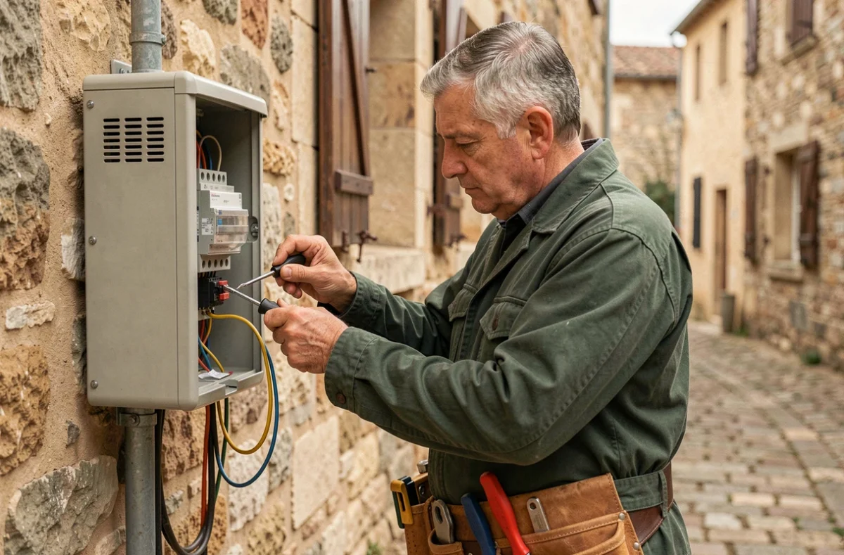 Crespin Exbrayat, électricien expérimenté, contrôlant un compteur électrique sur une maison de village ardéchoise