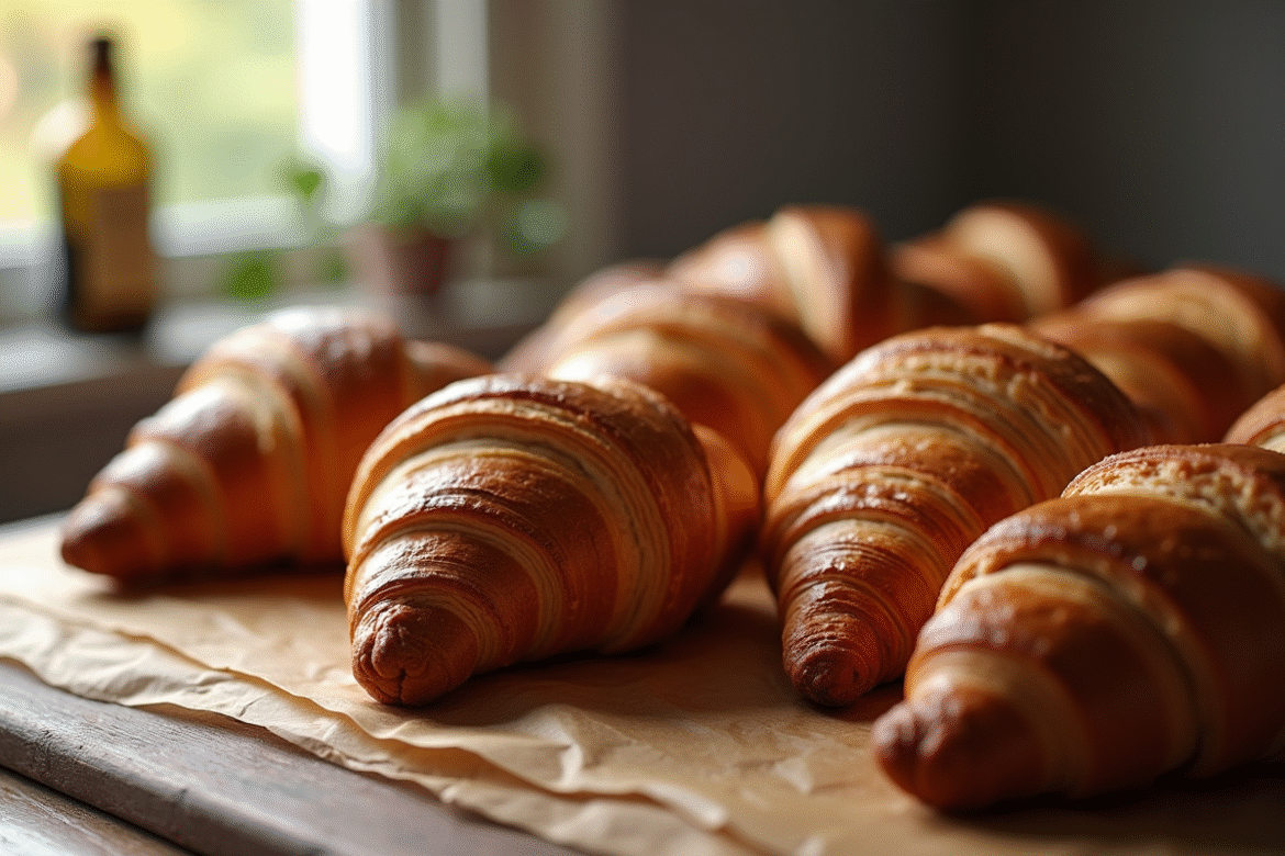 Croissants au chocolat fraîchement cuits sur une table en bois