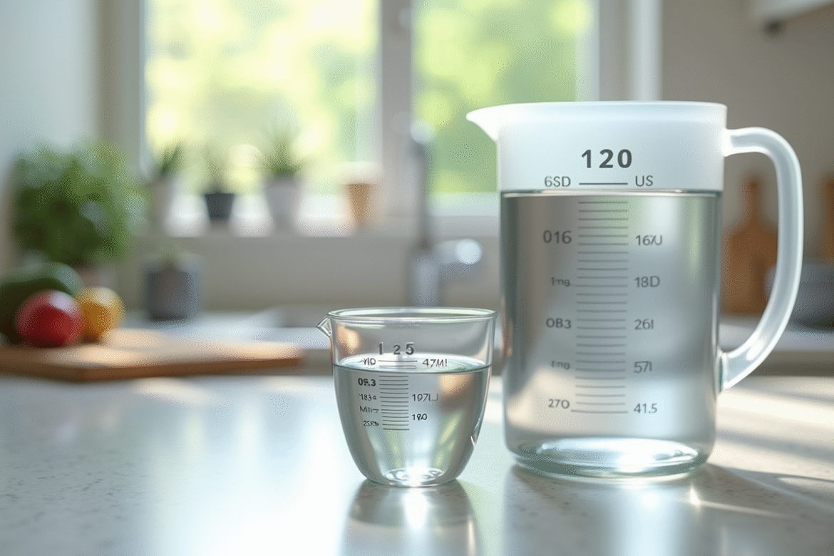 Plan rapproché d'une cuisine avec une tasse à mesurer de 125 ml et un pichet d'eau en daylight