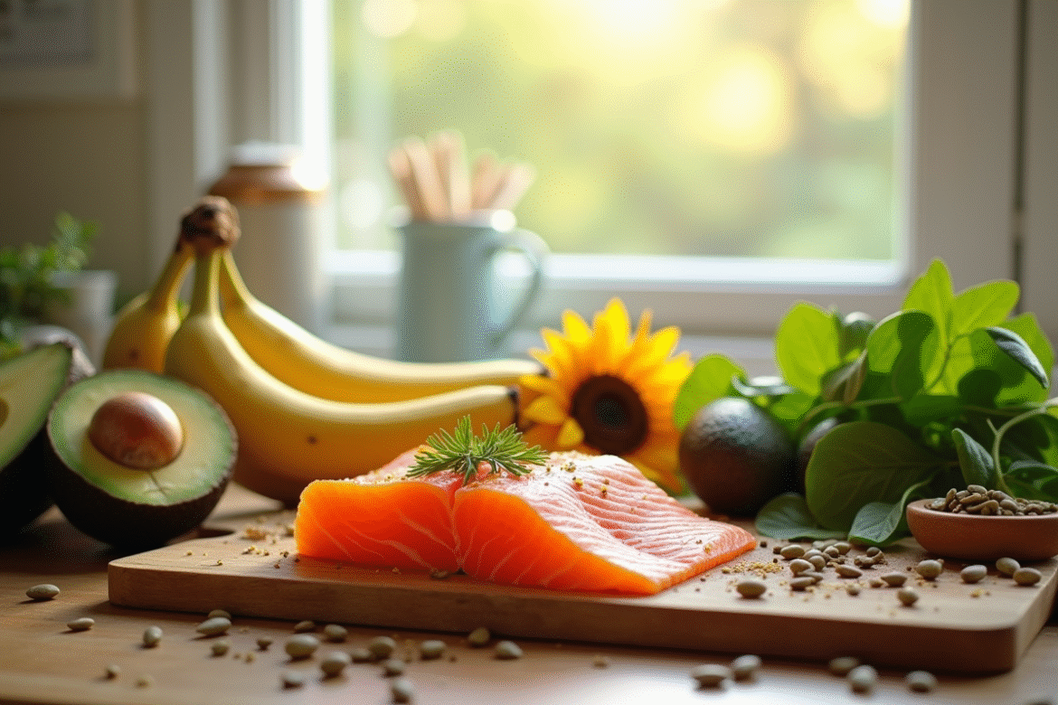 Cuisine lumineuse avec saumon et fruits frais pour une alimentation saine
