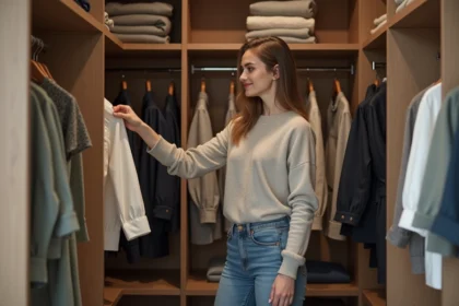 Femme dans un dressing moderne en train de choisir un vêtement
