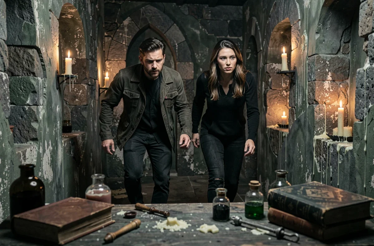 Deux joueurs en tension explorant une salle gothique sombre aux artefacts inquiétants dans l'escape room DARK EXPERIENCE à Lyon