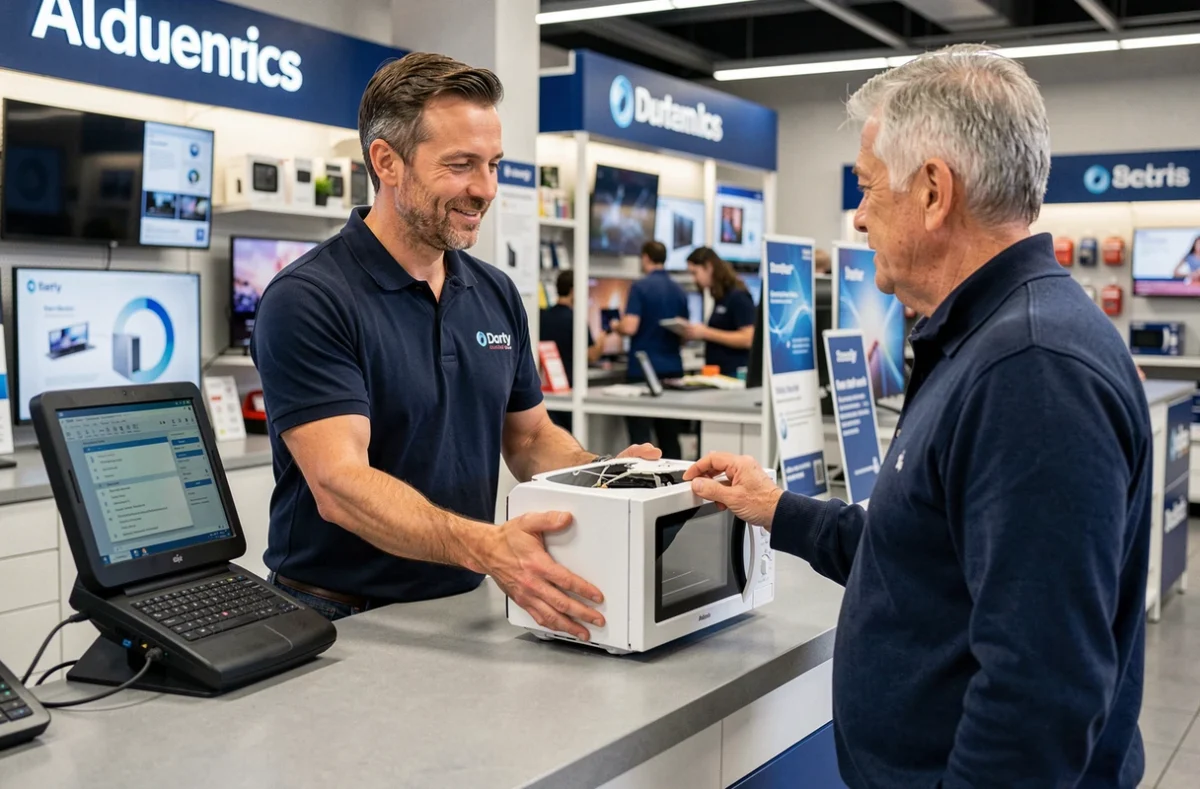 Technicien du service après-vente Darty Angoulême réceptionnant un four micro-ondes défectueux d'un client au comptoir