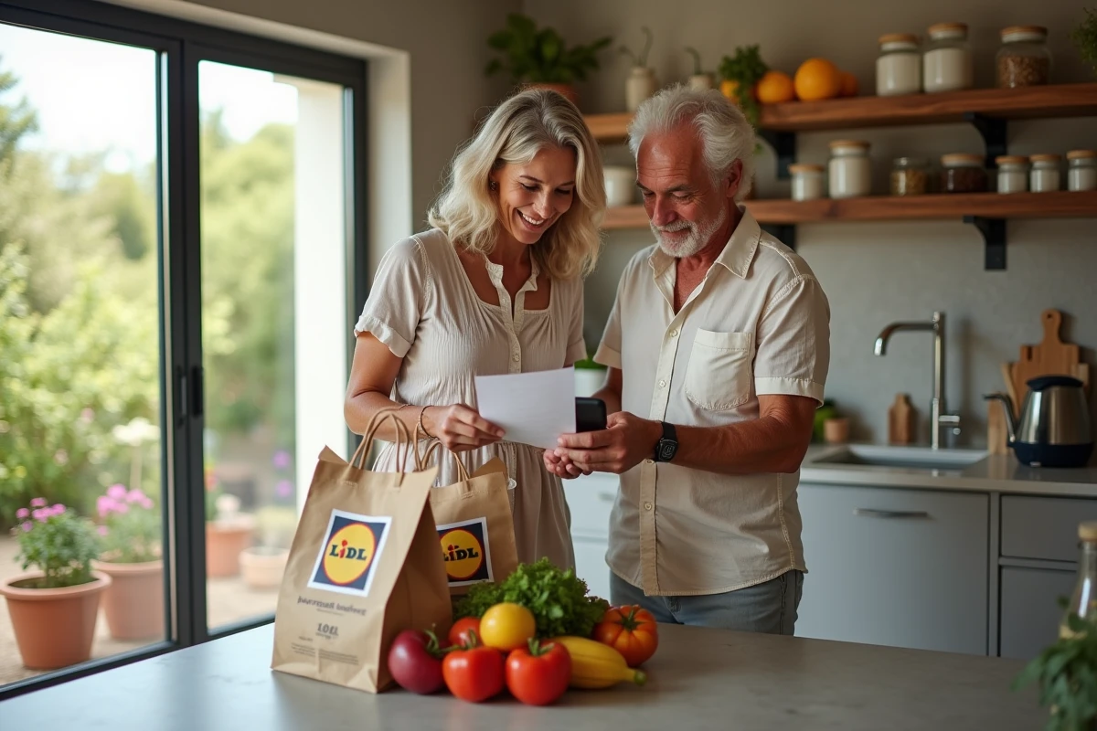 Couple déballant des courses commandées en ligne chez Lidl dans une cuisine de maison corse