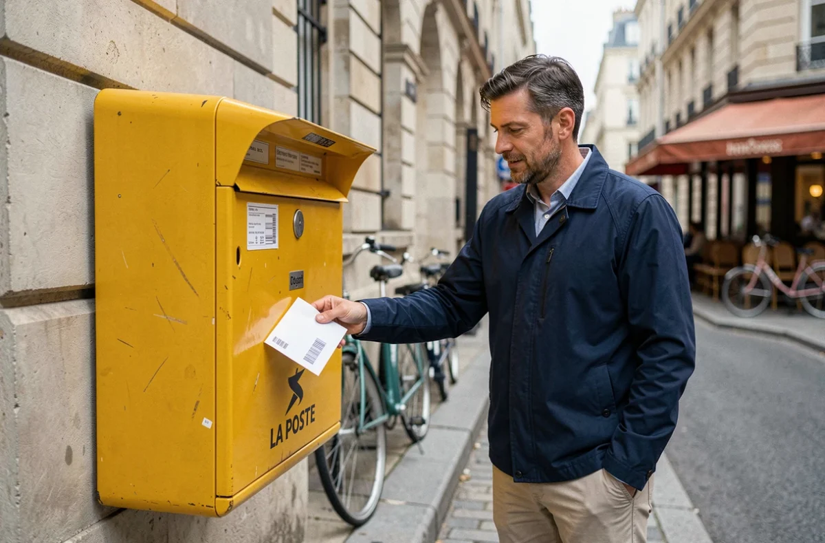 Homme déposant un colis de retour dans une boîte aux lettres jaune La Poste en ville