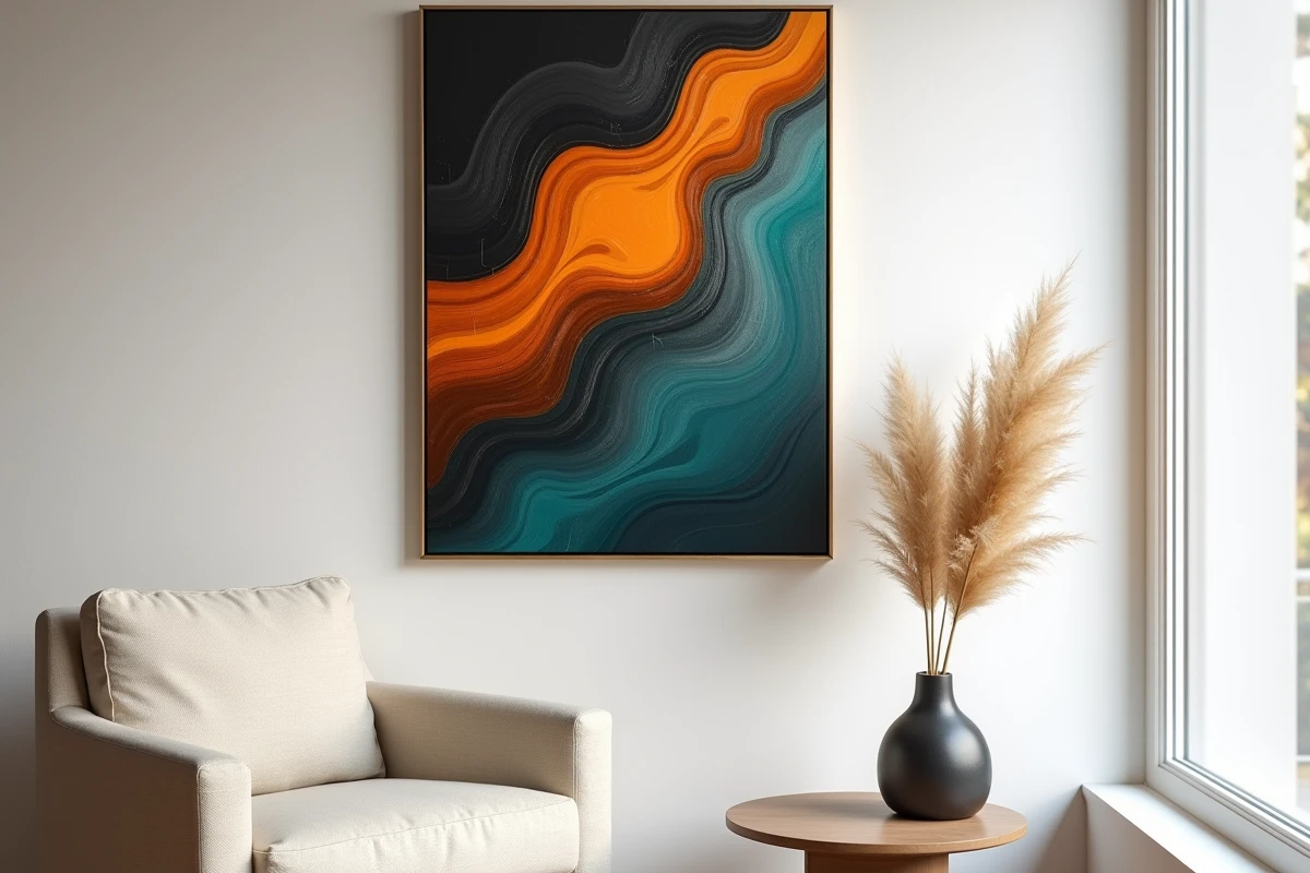 Détail d'une peinture futuriste aux tons orange brûlé et sarcelle encadrée en laiton dans un salon scandinave minimaliste avec fauteuil en lin crème
