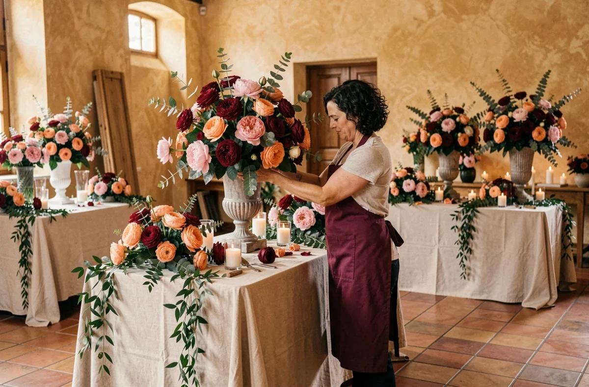 Atelier Diane C. Fleurs et Décoration à Perpignan avec compositions florales élaborées sur fond de carrelage catalan