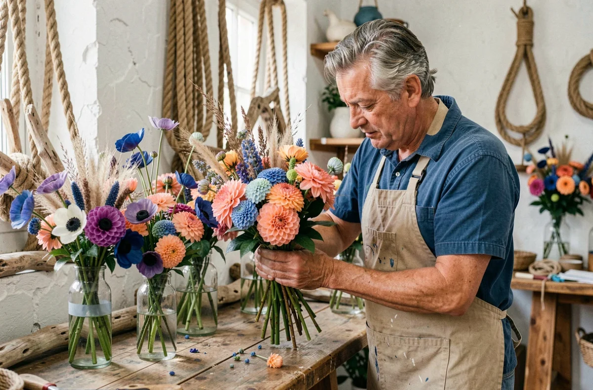Fleuriste Didier Fabre Fleurs à Sète avec compositions florales méditerranéennes dans un décor marin en bois flotté