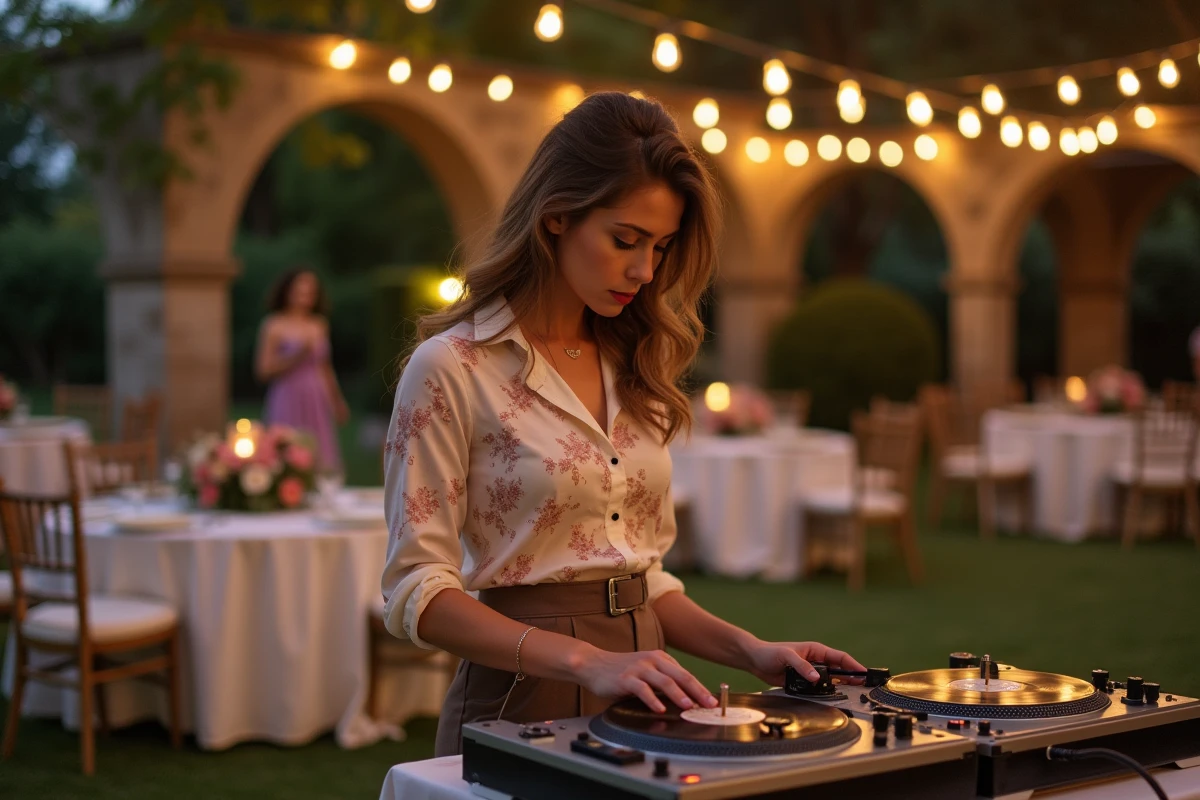 DJ féminine jouant des chansons françaises des années 60 sur des platines vinyle lors d'un mariage vintage en jardin