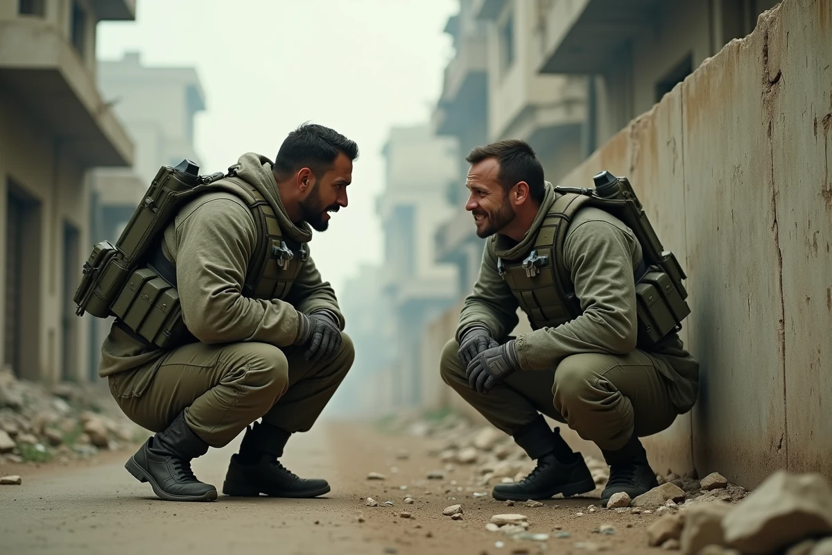 Deux soldats accroupis derrière un muret en béton fissuré se regardant avec confiance, évoquant le duo emblématique Marcus et Dom de Gears of War E-Day