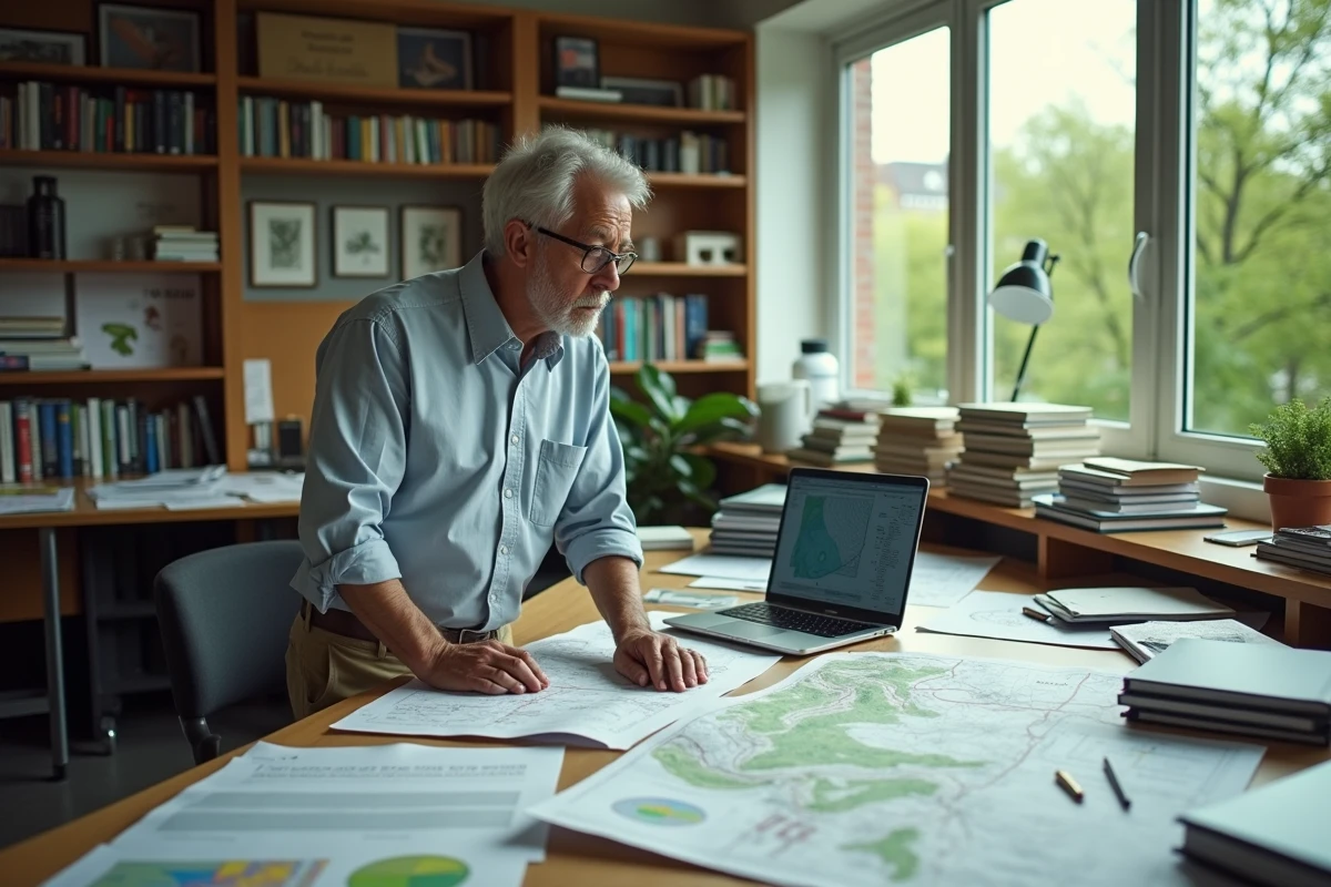 Écologue homme en bureau universitaire analysant des données de biodiversité sur cartes et ordinateur