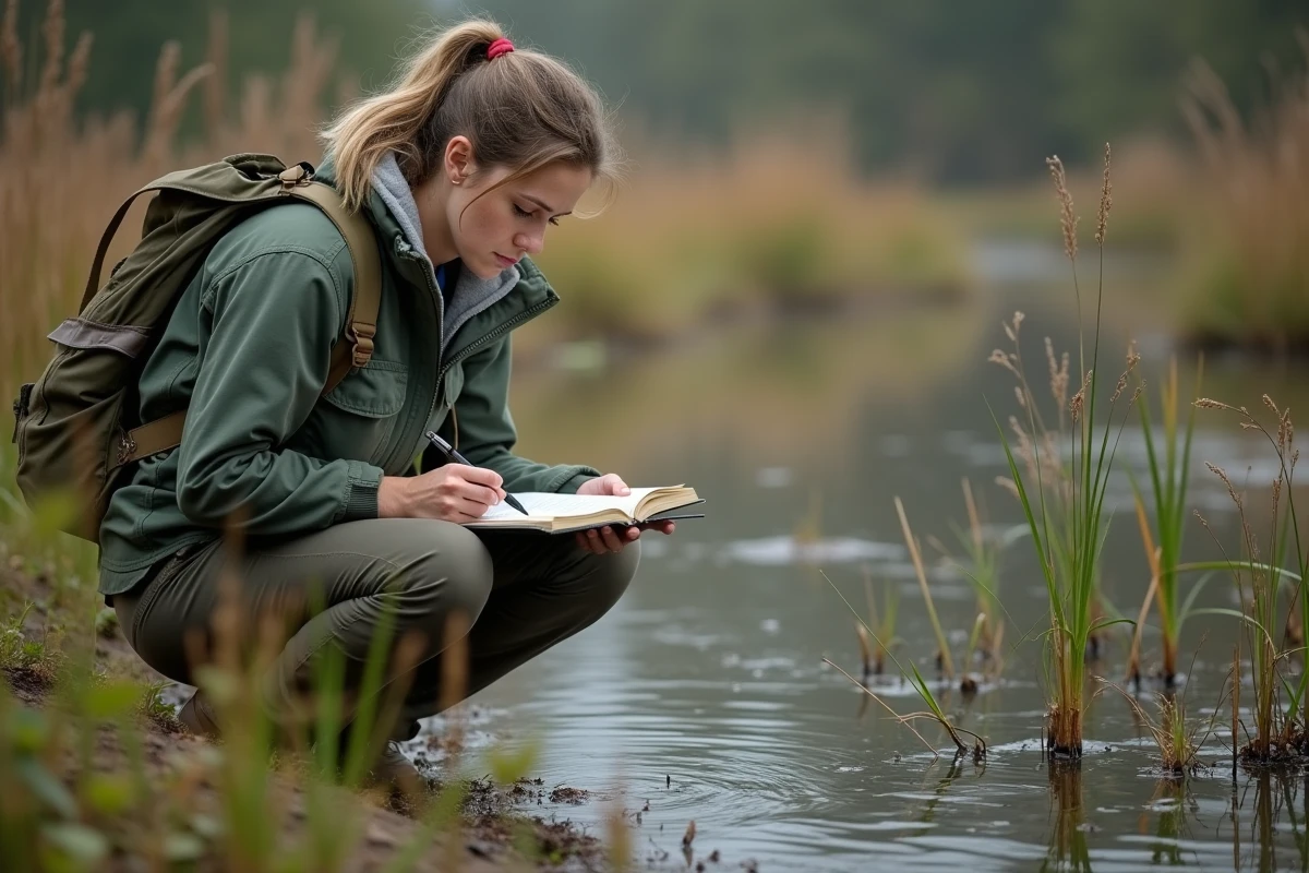 Écologue femme sur le terrain observant une zone humide et prenant des notes scientifiques dans la nature