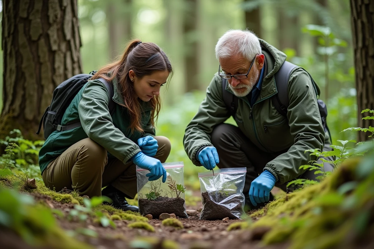 Deux écologues en forêt prélevant des échantillons de sol et de plantes lors d'une étude scientifique de terrain