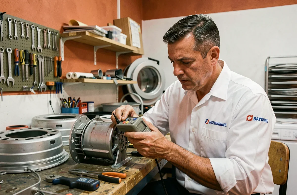 Spécialiste d'Electro SAV Bayonne testant un moteur de tambour de sèche-linge réparé dans un atelier typique de la région basque