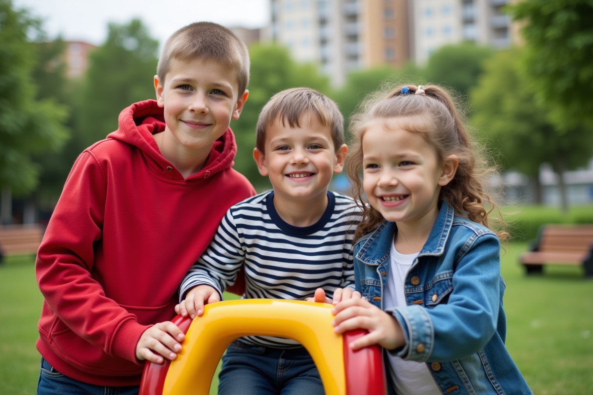 Trois enfants jouant dans un parc urbain ensoleille