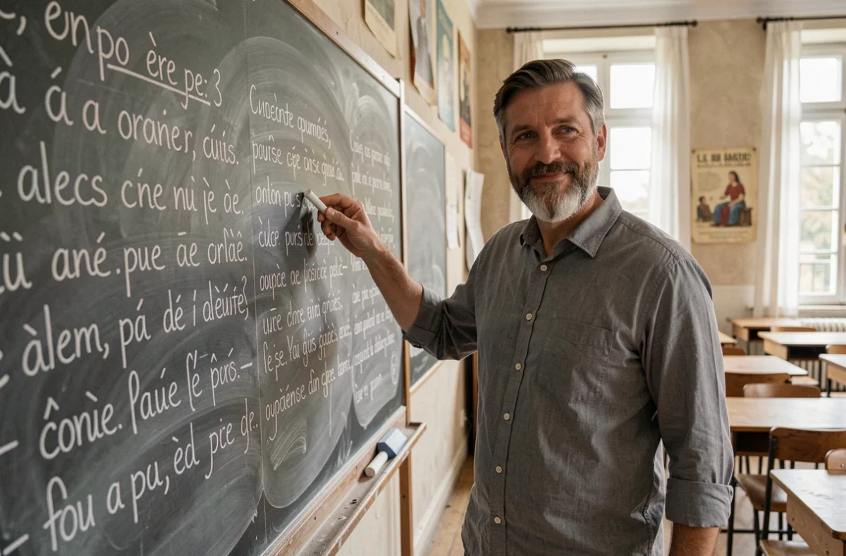 Enseignant écrivant des mots rares et difficiles en orthographe française sur un tableau noir en salle de classe