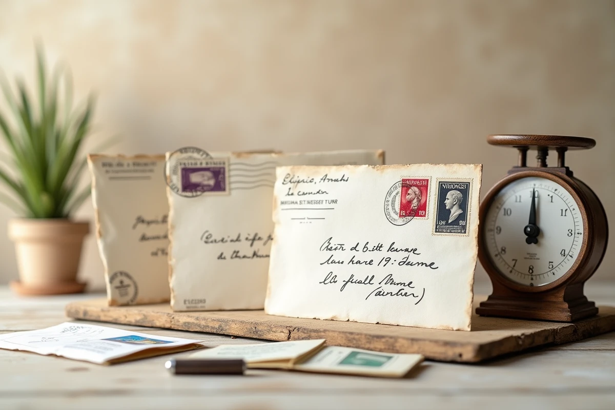 Enveloppes affranchies avec timbres postaux français et balance de pesée pour calcul du tarif d'envoi