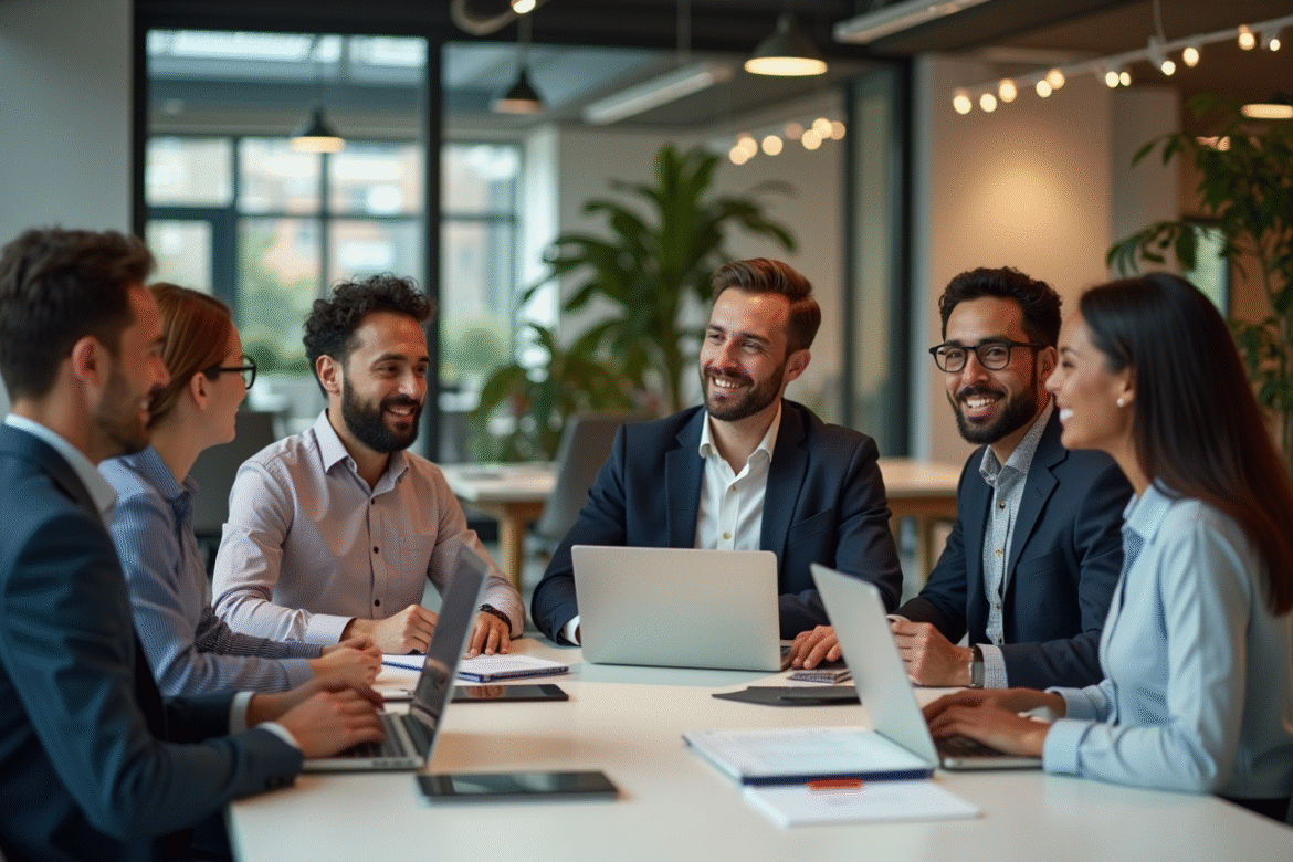 Groupe de professionnels collaborant dans un espace de coworking moderne