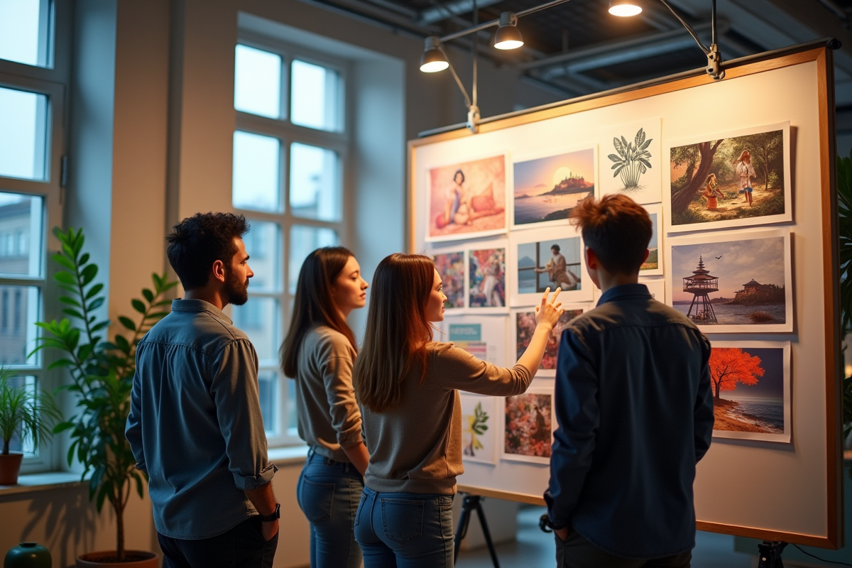 Groupe de designers divers dans un studio lumineux en pleine collaboration